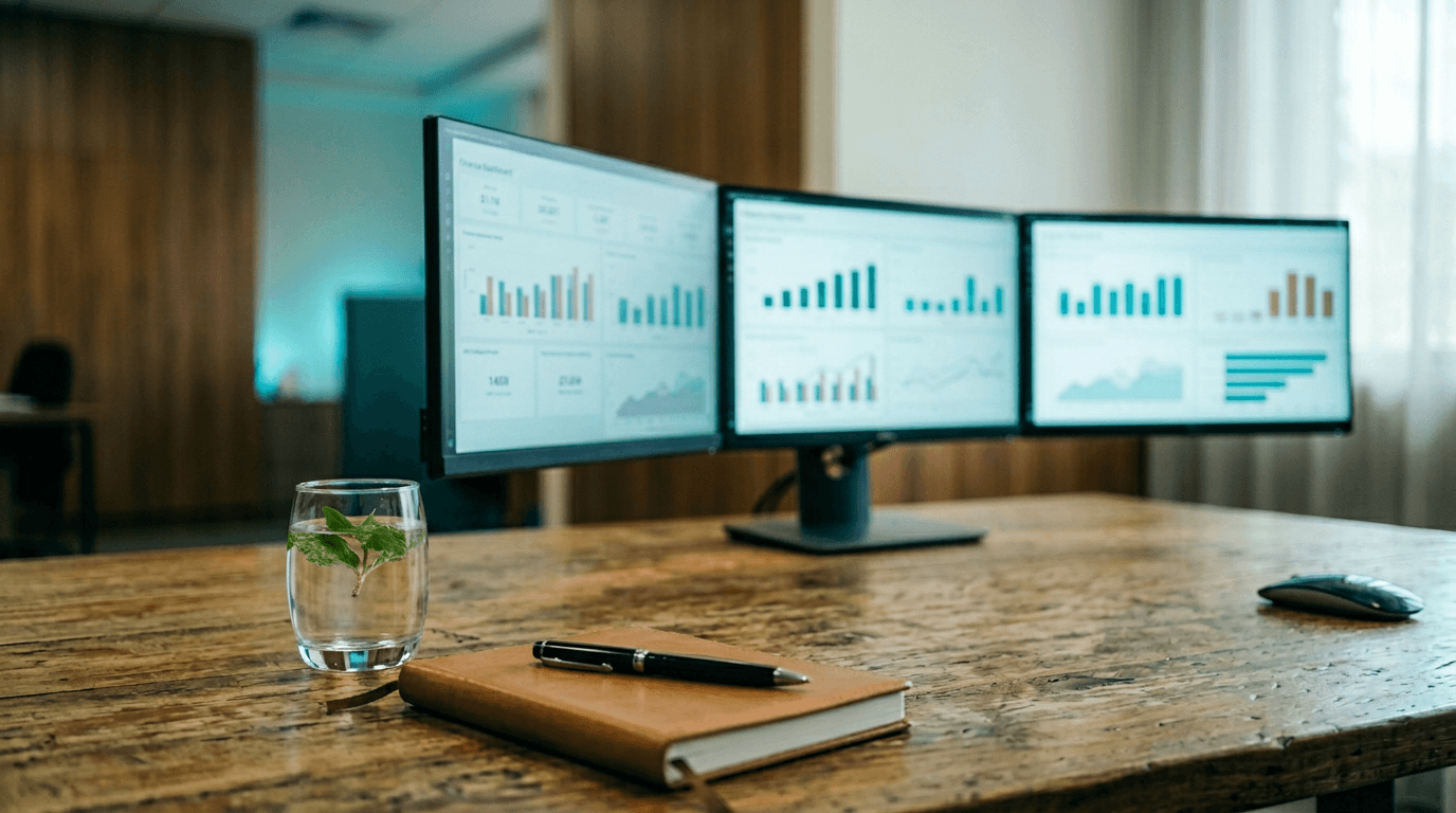 Power BI running on a laptop in an Australian finance office, used as the hero image for the Power BI automation hub