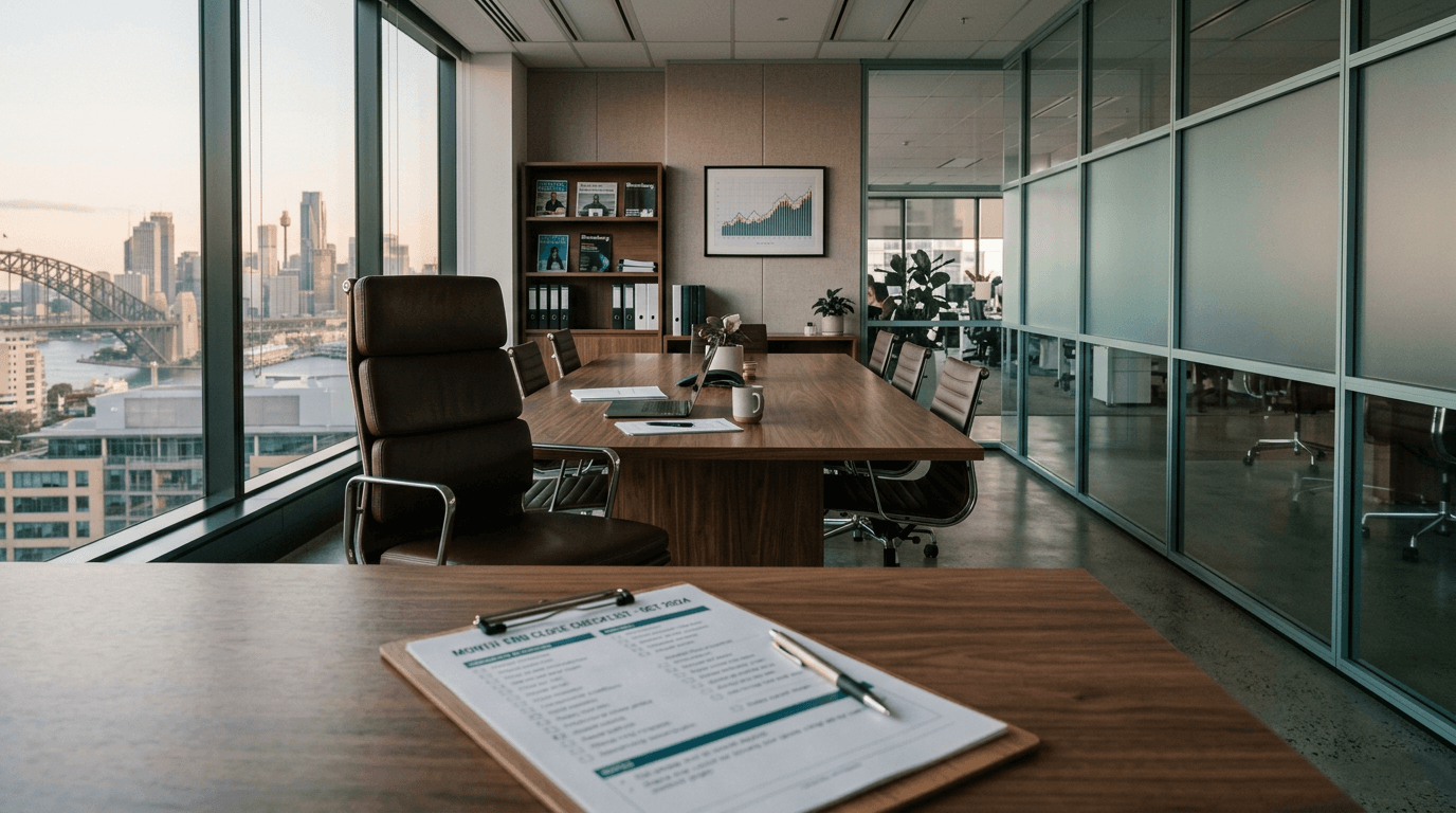 Editorial hero image for the month-end close automation guide, set in an Australian finance workspace.